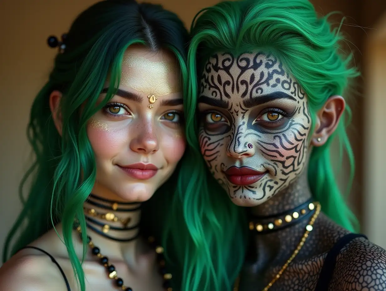 Two young black and white patternnGirls with alien face,withngreen hair, with a slightnsmile on her face,emphasizesher smile, modern retronjewelry,in a temple much goldndifferent shades 4k