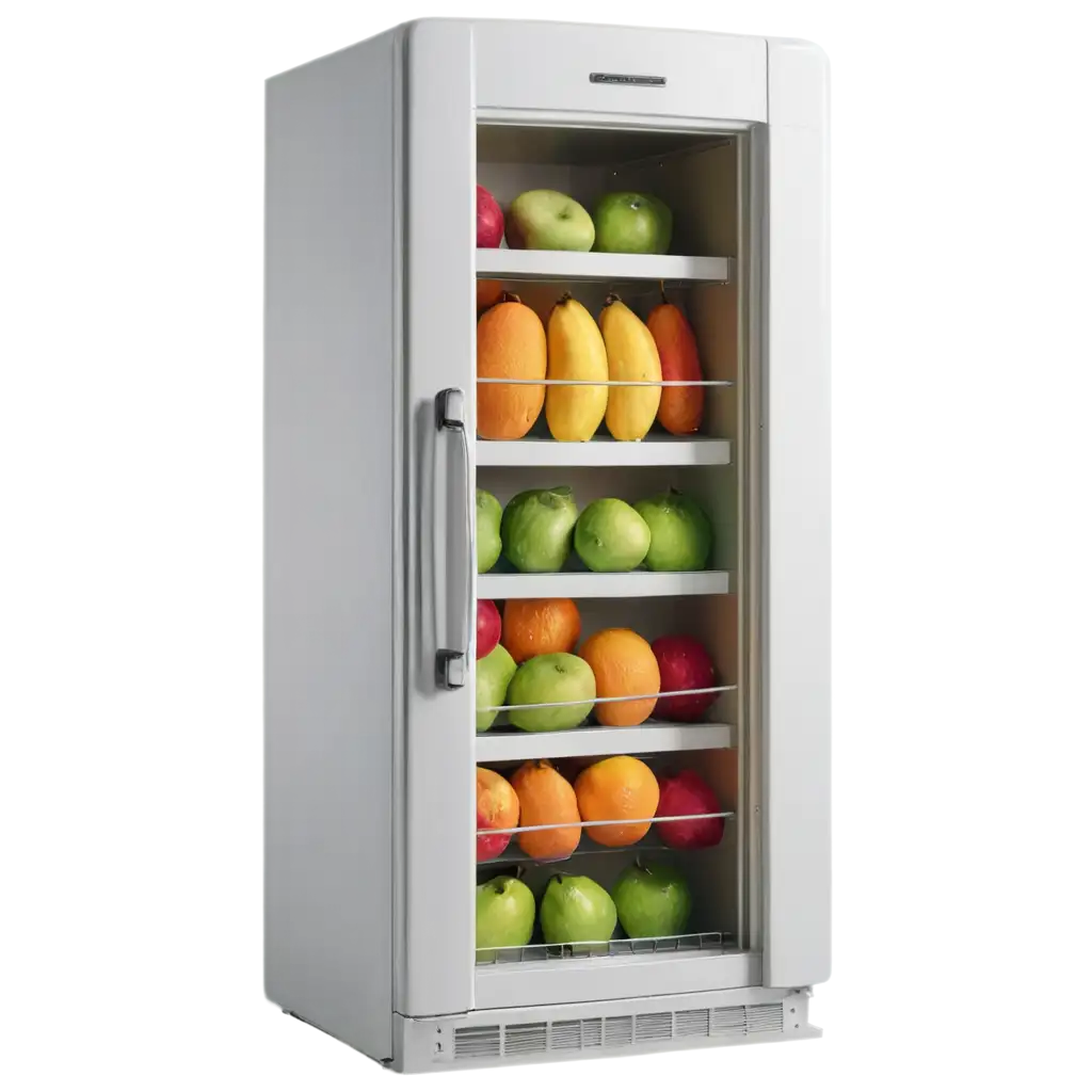 Vintage vertical refrigerator with the door open full of fruit inside. It is seen from the front, very detailed, realistic.