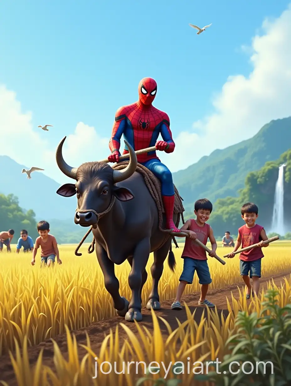 SpiderMan-Plowing-Rice-Field-with-Buffalo-in-Rural-Village-Setting