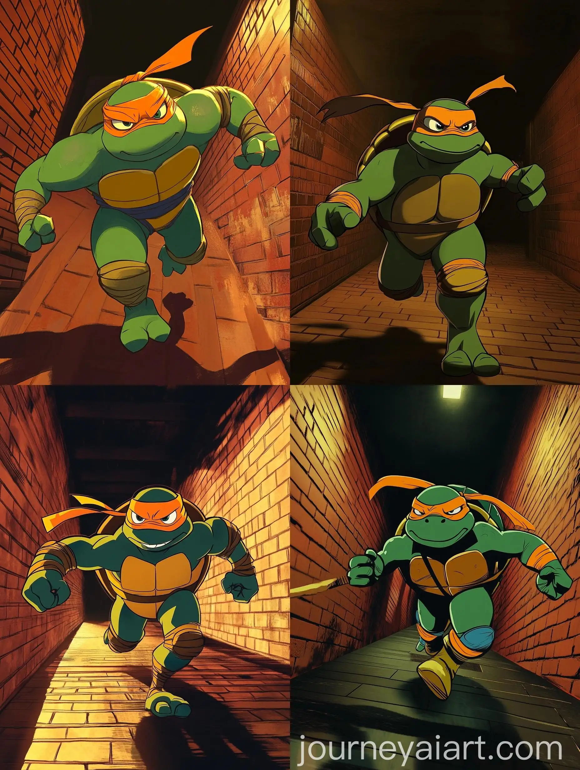 Orange-Ninja-Turtle-Running-in-Dark-Brick-Corridor