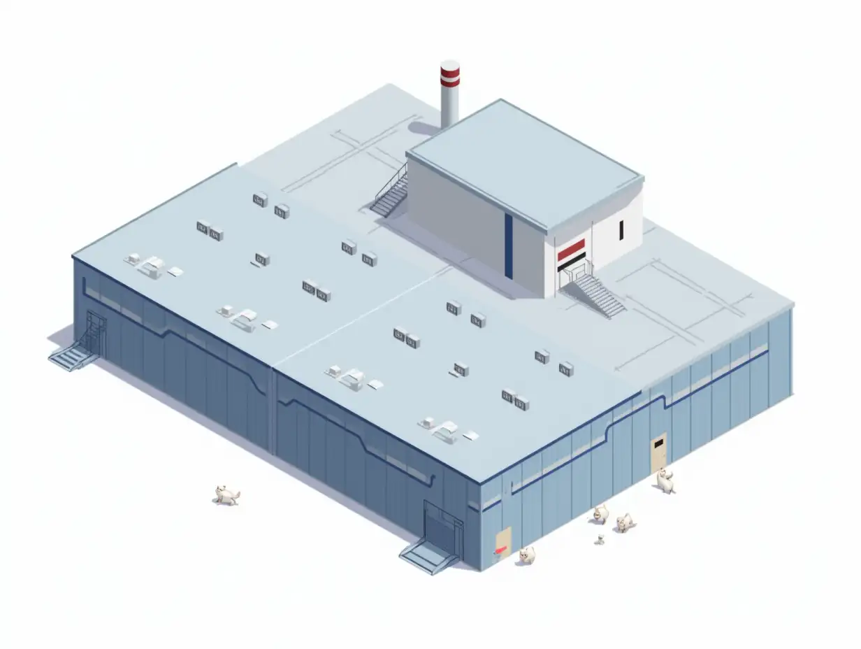 isometric vector sticker:  2 large parallel, long blue hangar with a gray roof, dozens of small white rectangular air conditioning units in a row along the edges of the roof, and dozens of small ventilation pipes along the central axis of the roof. A two-level blue extension is attached to the hangar, the top of the second tier of the extension is white. In the background is a detached factory building, it is higher than the hangar building and its walls are completely solid white, on one side there is an external fire escape ladder along the wall, the front side of the building with a wall painted in a vertical blue line, a white line in the center and another vertical blue line. The roof of the building is flat and gray, with one white chimney with two red stripes in the center of the roof. There are white little white cats next to the buildings in the image of business people Sticker design - top view, high resolution, vector graphics, white background, paint anime style.