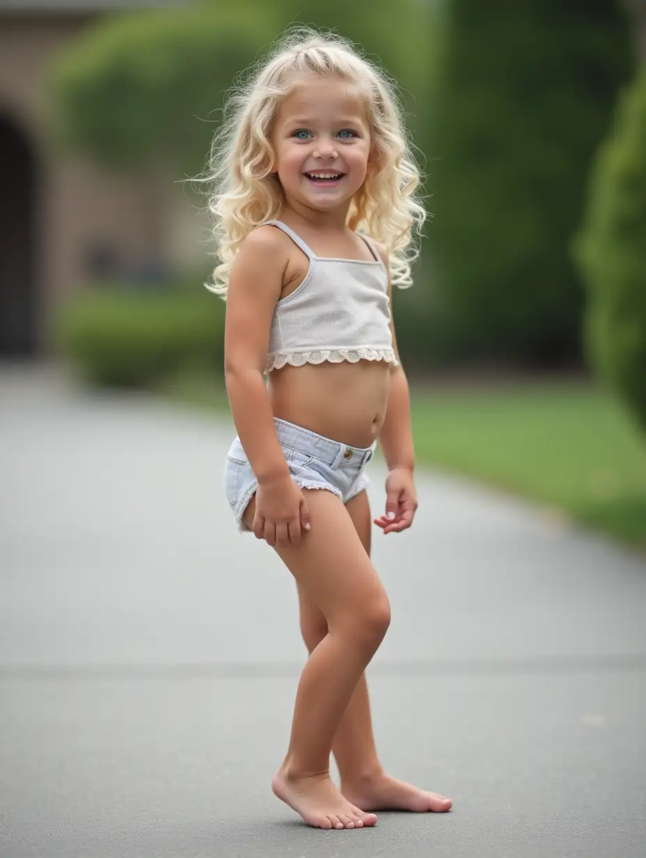 Slender little girl, wavy blonde hair, blue eyes, little cropped top, tiny short shorts showing the curve of her bottom, long skinny legs. Standing on a driveway posing and laughing.