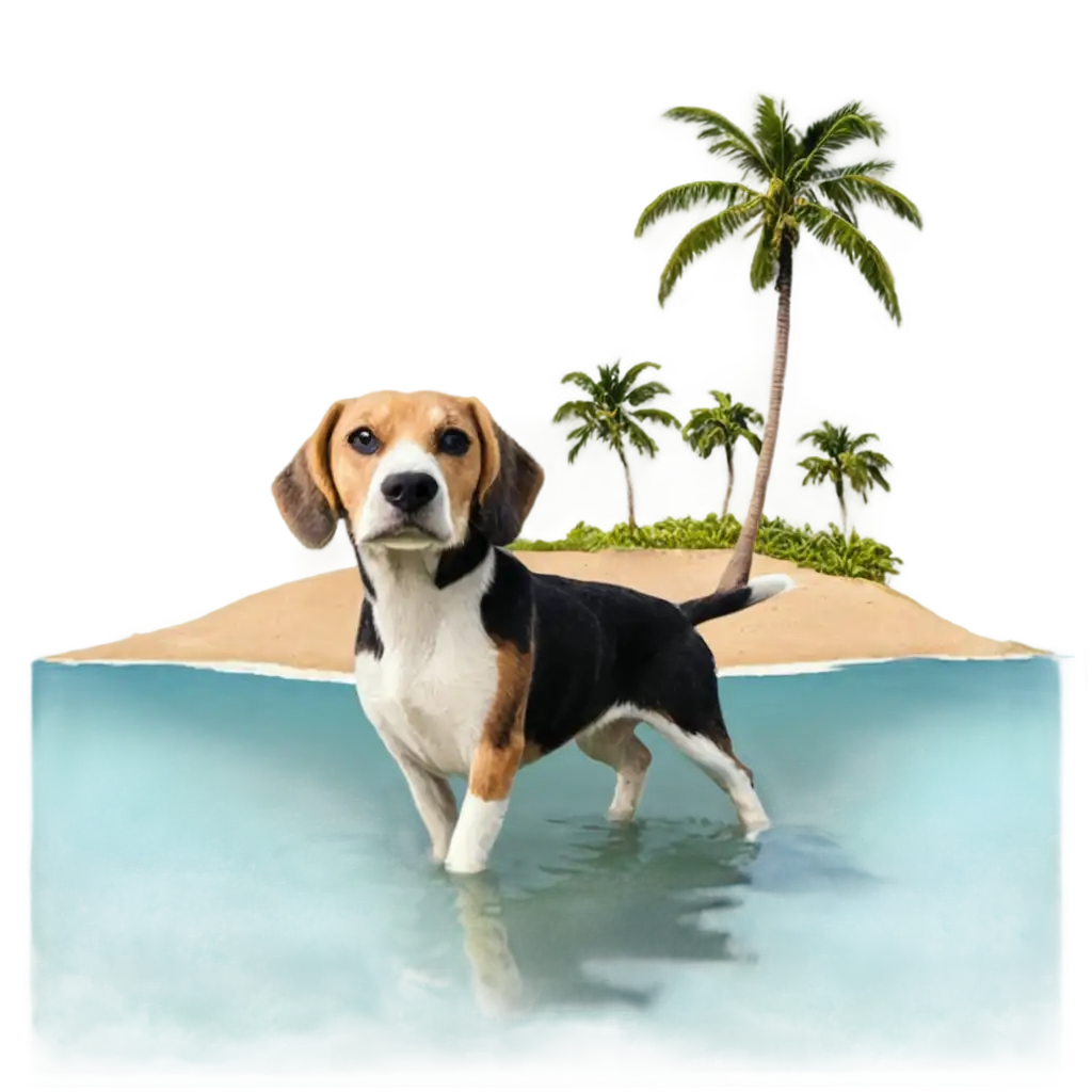 create an image of a Beagle dog swimming at a beach with an island in the center and two palm trees in the middle of the island