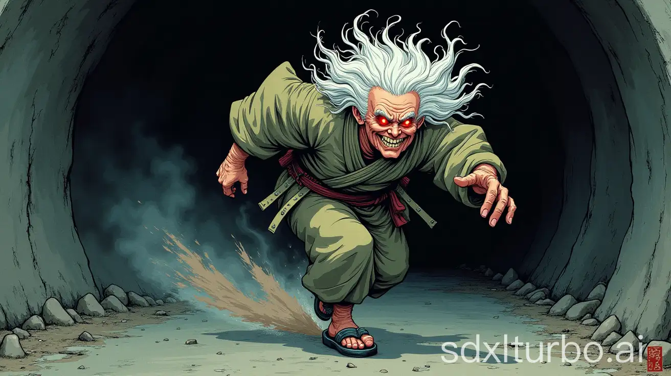 Yokai-Turbo-Granny-Running-Through-a-Dimly-Lit-Tunnel-in-Traditional-Edo-Art-Style