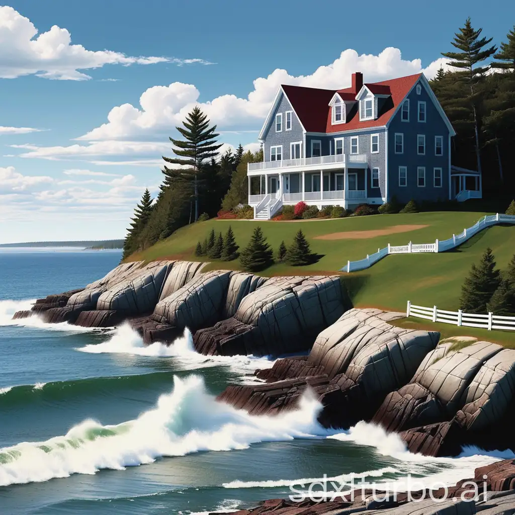 I would like to see a dream home in coastal Maine over looking the ocean on a sunny day with a few fluffy with clouds in the sky, and rolling surf