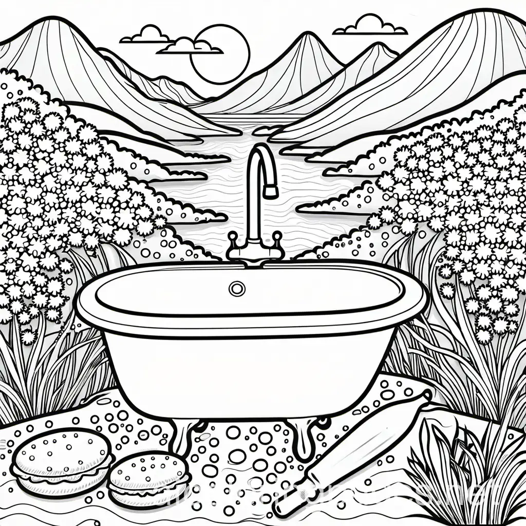 coloring page, everything but the kitchen sink, Coloring Page, black and white, line art, white background, Simplicity, Ample White Space. The background of the coloring page is plain white to make it easy for young children to color within the lines. The outlines of all the subjects are easy to distinguish, making it simple for kids to color without too much difficulty