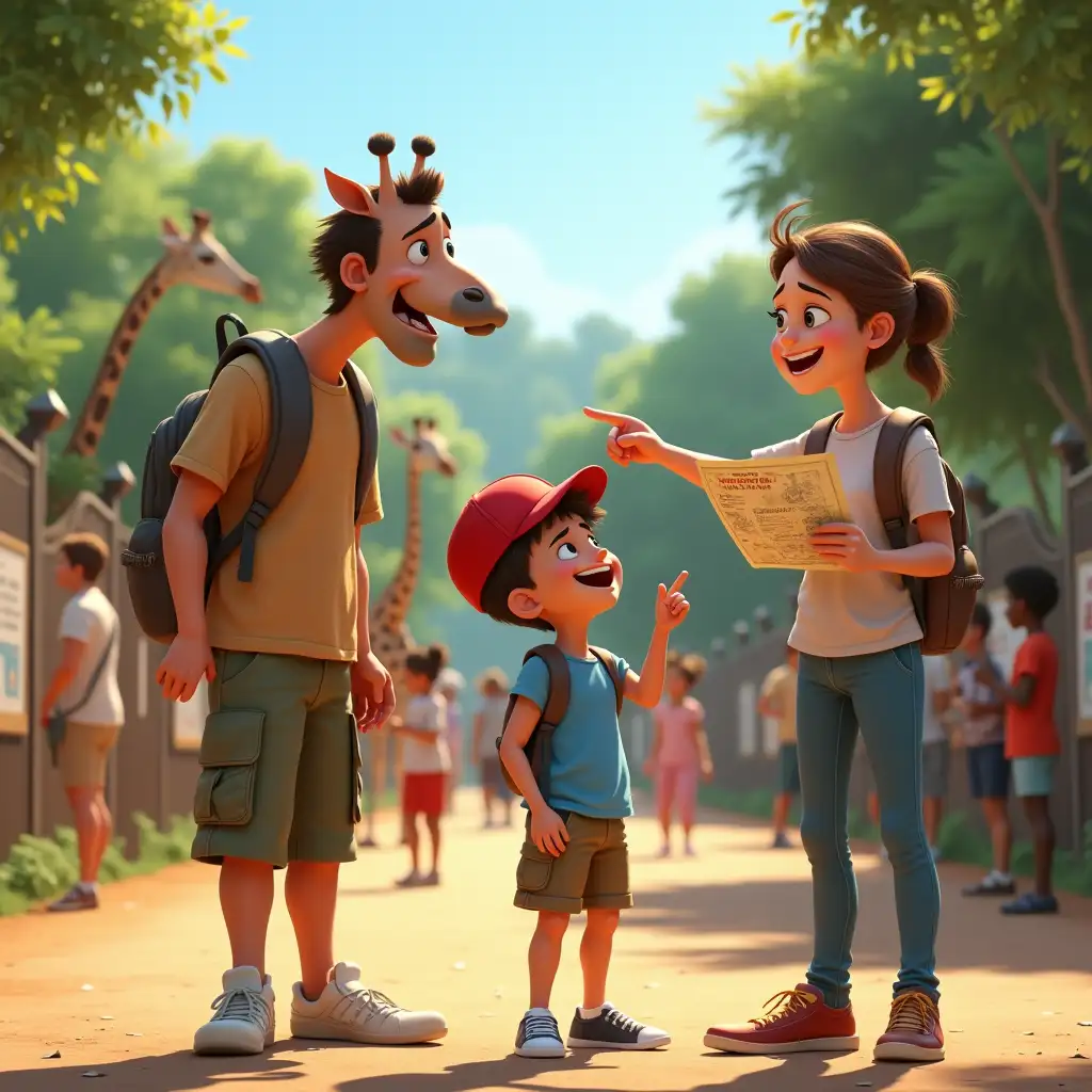 It generates a 3D Pixar-style image of a family at a zoo in South Africa, enjoying the sunny day. The mother smiles as she holds a map of the park, the father points to an area with enthusiasm, and the 5-year-old boy, wearing a red cap and blue T-shirt, watches the animals in fascination. Suddenly, the scene changes as the parents turn their heads and notice that their son is gone. Their faces go from joy to terror in an instant. The environment is vibrant, with visitors walking by, giraffes eating leaves in the background, and informational posters on fences. The image captures the exact moment when fear overtakes the parents, with the indifferent crowd around them.