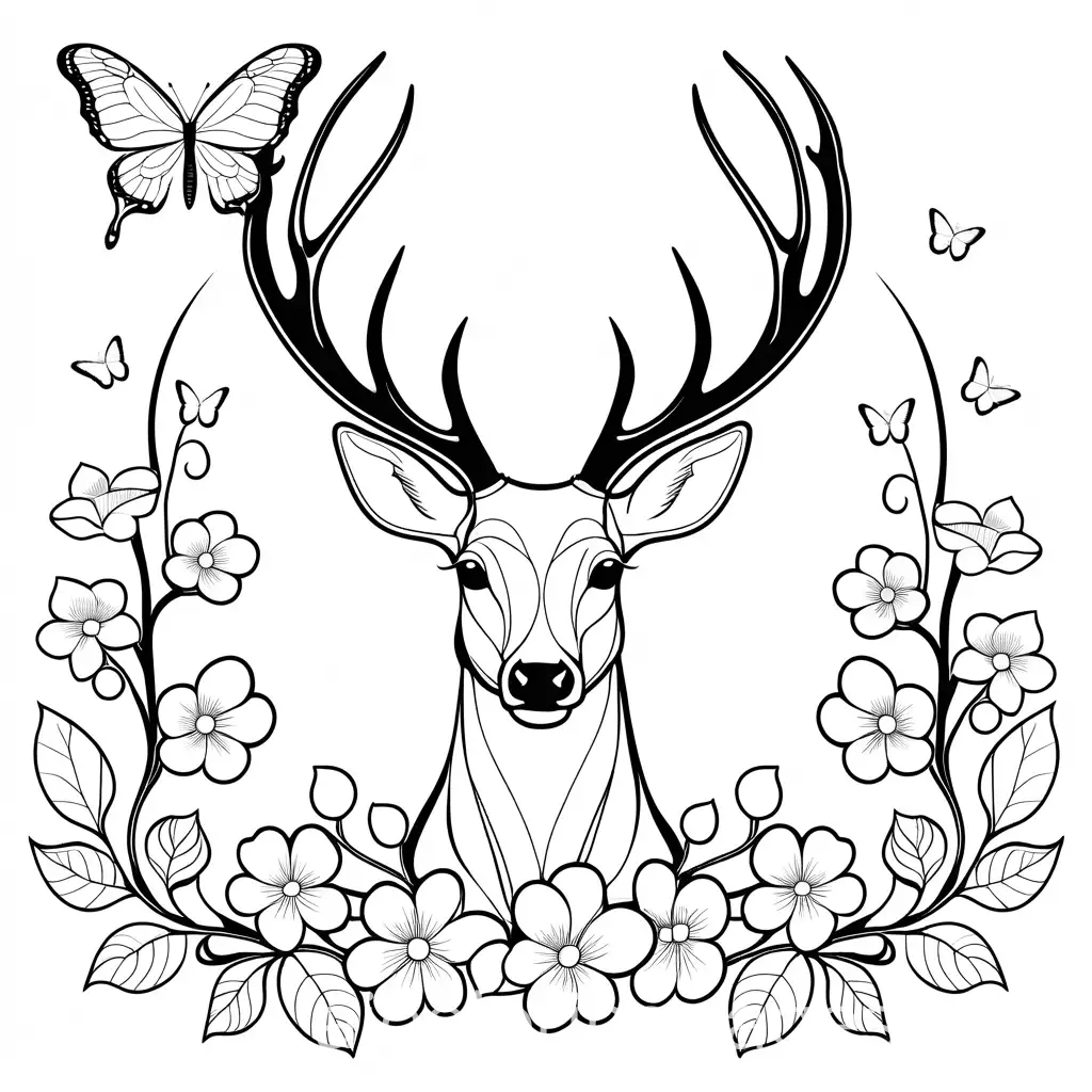 Butterfly-Dogwood-Flowers-and-Deer-Antlers-Coloring-Page