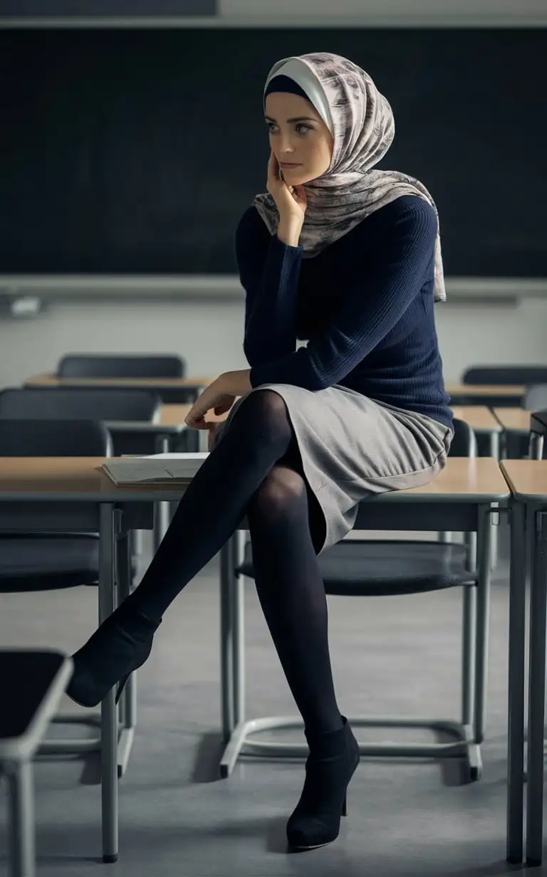  A woman wears above knee pencil skirt, black opaque tights, heeled boots, hijab. In classroom
, sits crossed leg on table, petite body