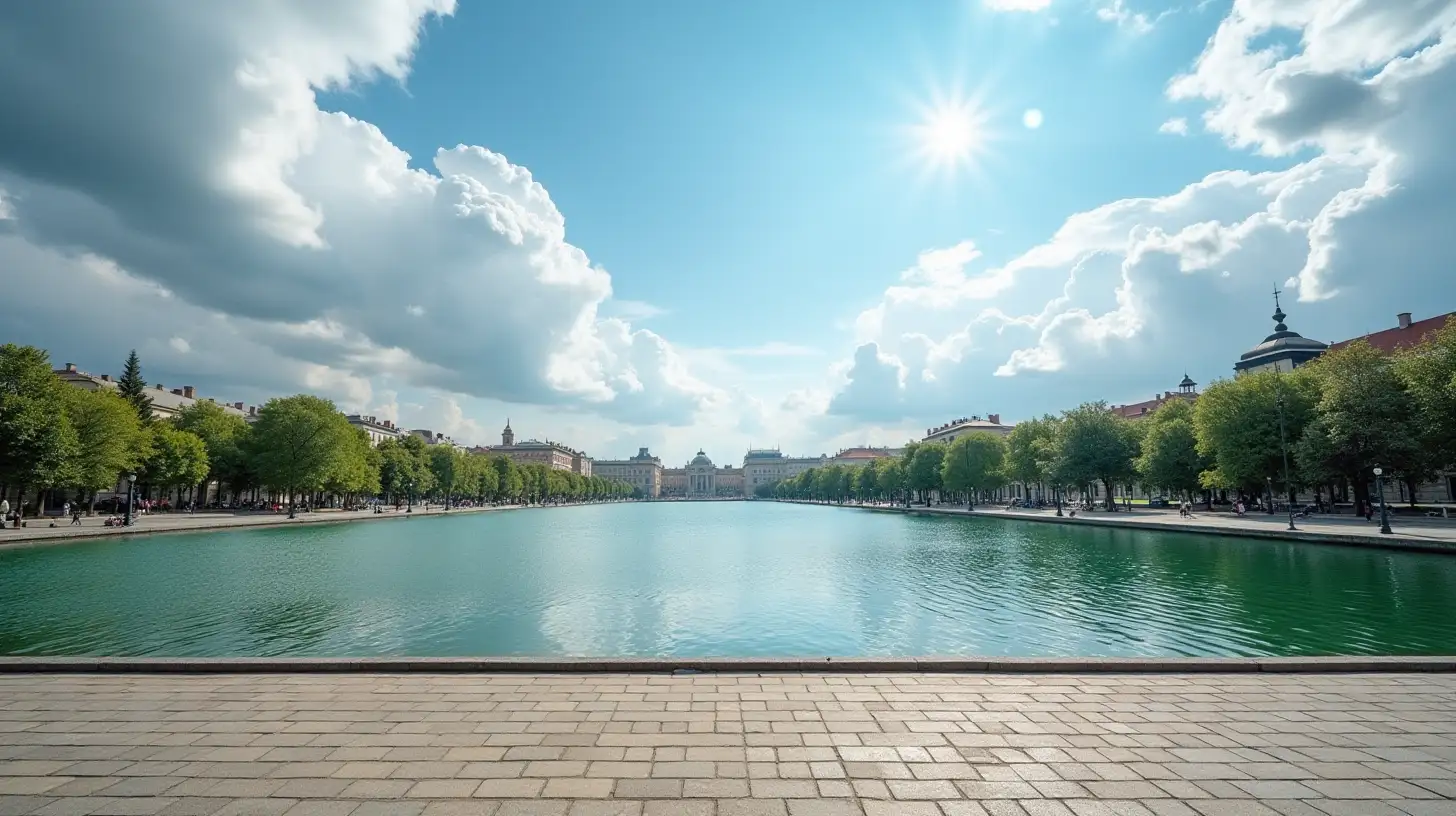 A  public lake with a paved area leading up to the water's edge. in an old world city. With a magnificent sky as a backdrop