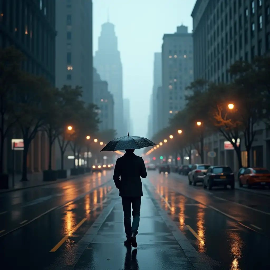 Person-Walking-Alone-in-the-Rain-Through-an-Empty-City-with-Umbrella