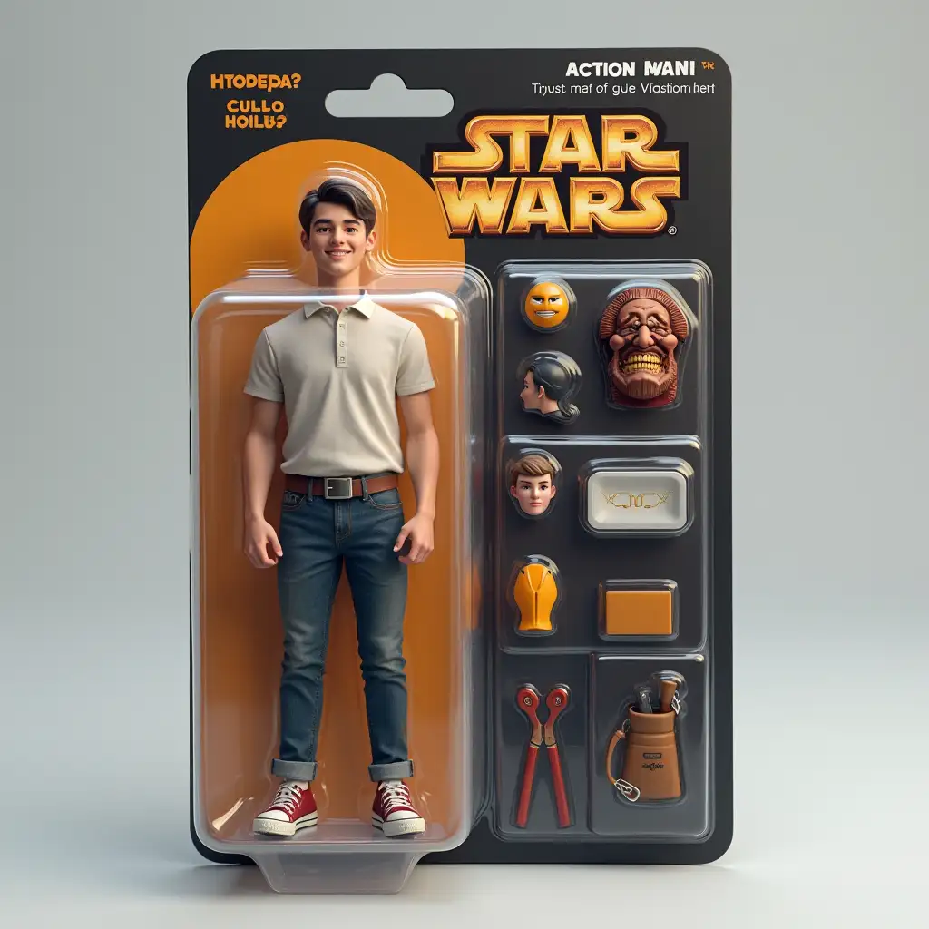 Use this photo of me to create an action figure of myself in a blister pack, in the style like a premium collectible toy. The figure should be standing up and have a relaxed, friendly smile. The blister pack should have a header with the text ‘[ACTION FIGURE NAME]’ in large letters and a subheading of ‘[SUBHEADING]’ below it. Include accessories in compartments to the side of the figure: [LIST OF ACCESSORIES]