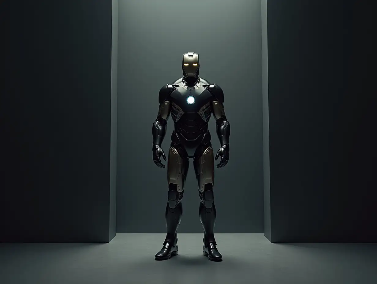 IronMan in schwarz porträt in ein Room and he stands on the floor