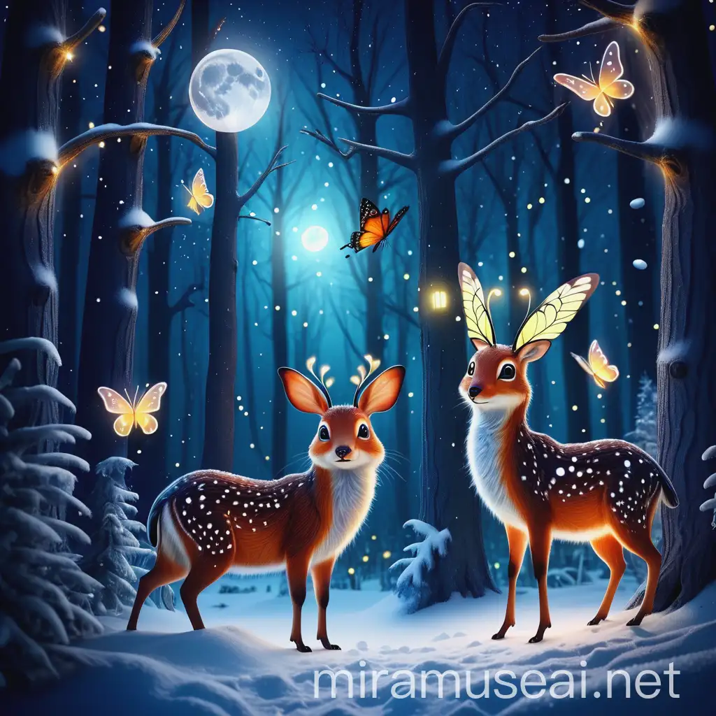 Enchanted Christmas Night Forest with Animals and Snow