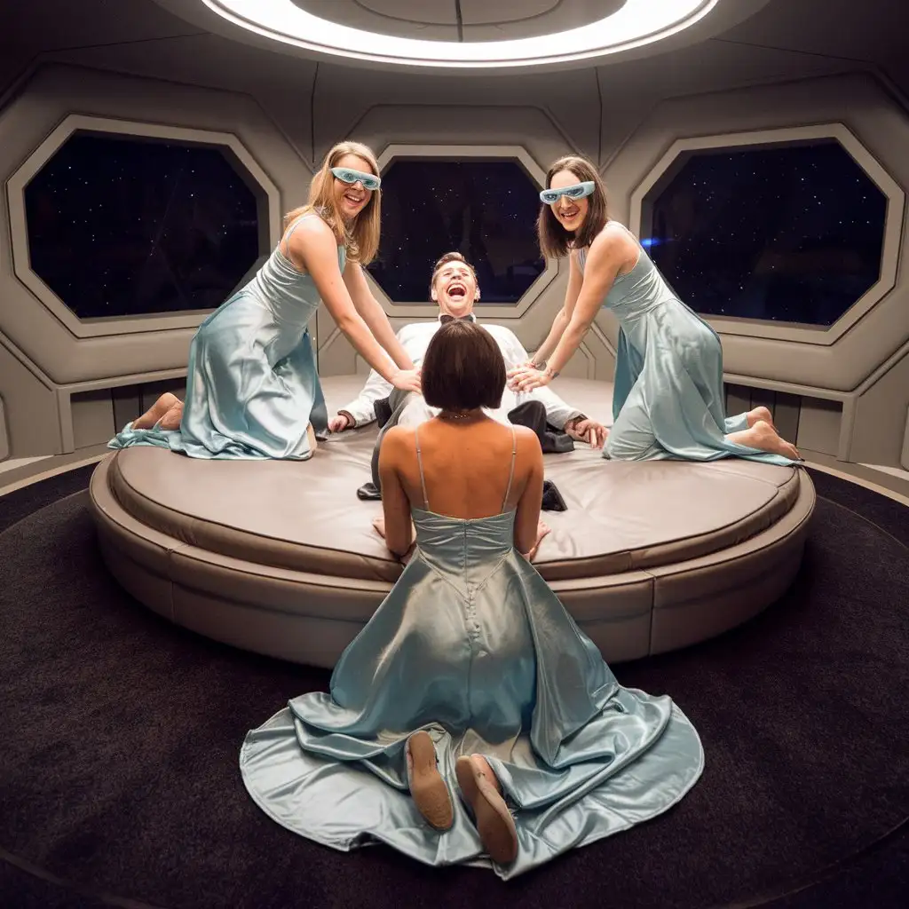 Luxury-Spaceship-Lounge-with-Laughing-Man-and-Three-Women-in-Satin-Ballgowns