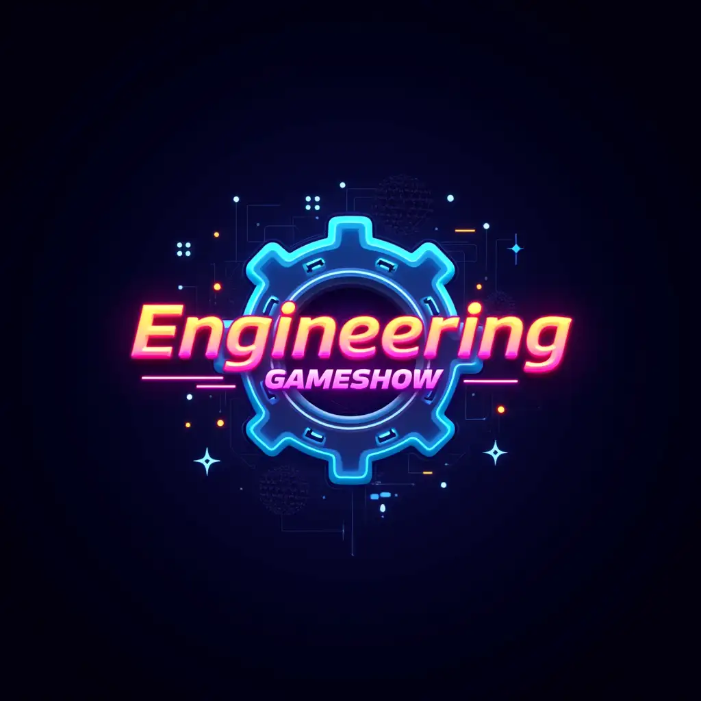 Create a futuristic neon-style logo for the event Engineering Gameshow at NaSCon’25, combining engineering precision with high-energy gameshow excitement. The design should have a dark background with a vibrant neon color palette of electric blue, pink, orange, and purple, creating a modern, high-tech atmosphere. The logo must prominently feature the text 'Engineering Gameshow' in bold, futuristic, and glowing typography for maximum readability. A glowing gear or cog should serve as the central design element, symbolizing engineering and problem-solving. Inside or around the gear, integrate quiz and gaming elements, such as a game controller, buzzers, or circuit patterns, reinforcing the gameshow theme. To enhance the dynamic feel, subtle motion streaks, sparks, or digital glitches can be added. The final design should be sleek, modern, and visually striking, suitable for both digital and print media, effectively capturing the thrill of teamwork, strategy, and engineering challenges.