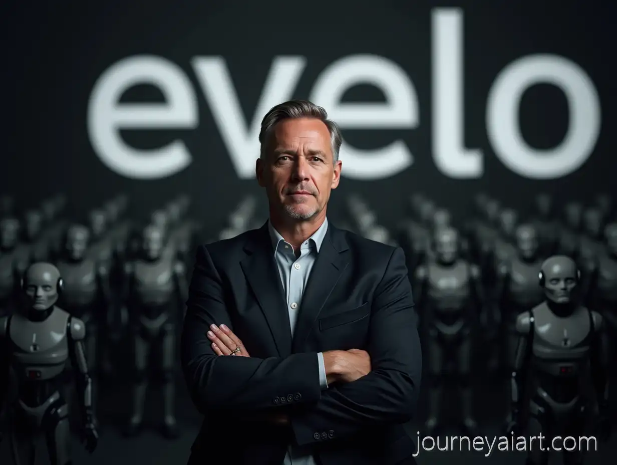 Confident-Businessman-Standing-in-Front-of-Futuristic-AI-Robots