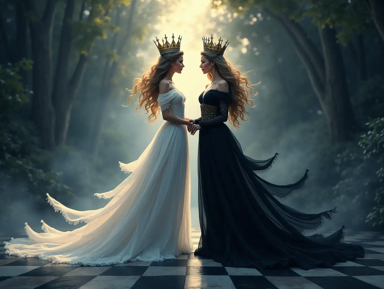 Fantasy illustration of Black and White chess queens standing together. The White Queen radiates healing light, while the Black Queen emanates mysterious shadows. They are surrounded by a chessboard landscape with day and night merging. Ornate crowns and regal dresses. Magical aura. Stylized, digital painting