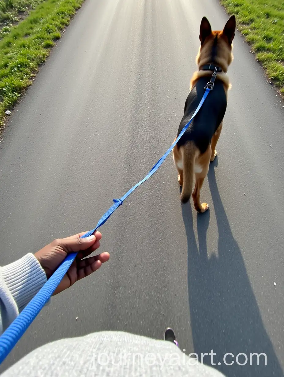 Person-Walking-German-Shepherd-on-a-Leash-on-a-Sunny-Day