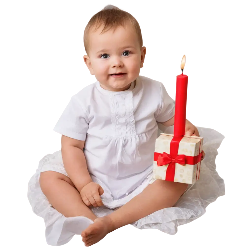 a baby dressed for baptism, sitting with a gift in hand