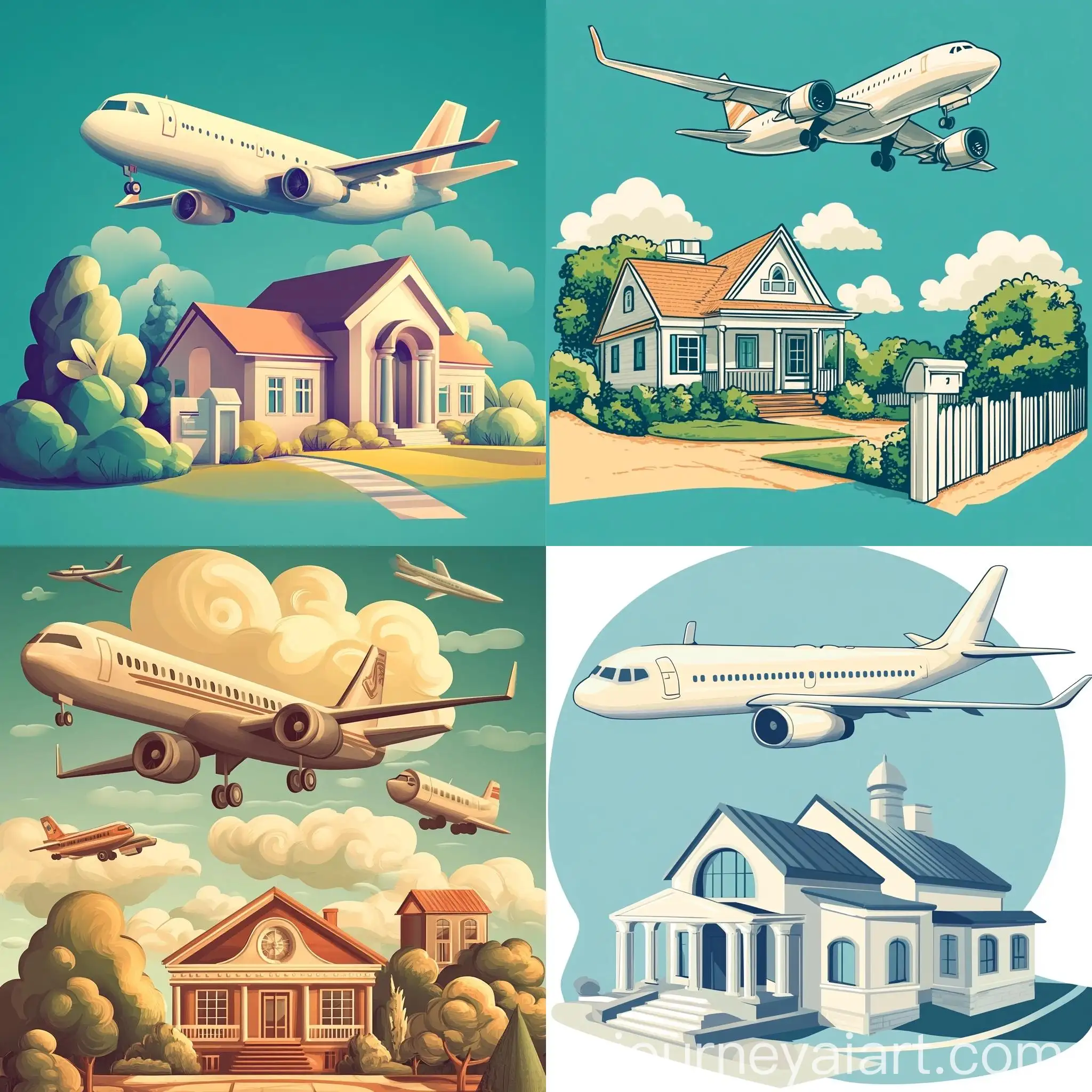 Cartoon-Plane-Flying-Over-House-and-Bank