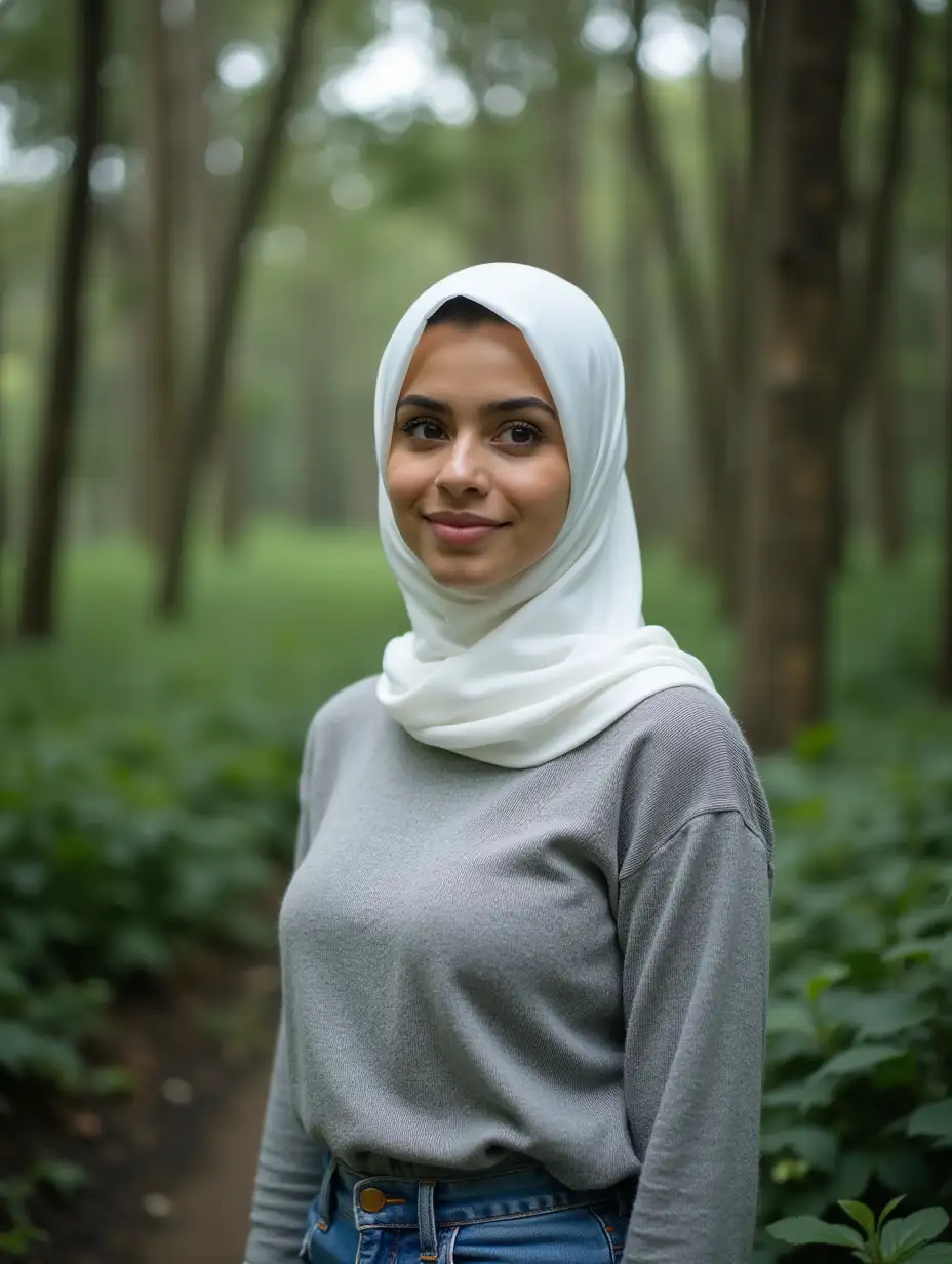 A beautiful woman with white hijab, wearing gray sweater, wearing blue jeans, in the jungle