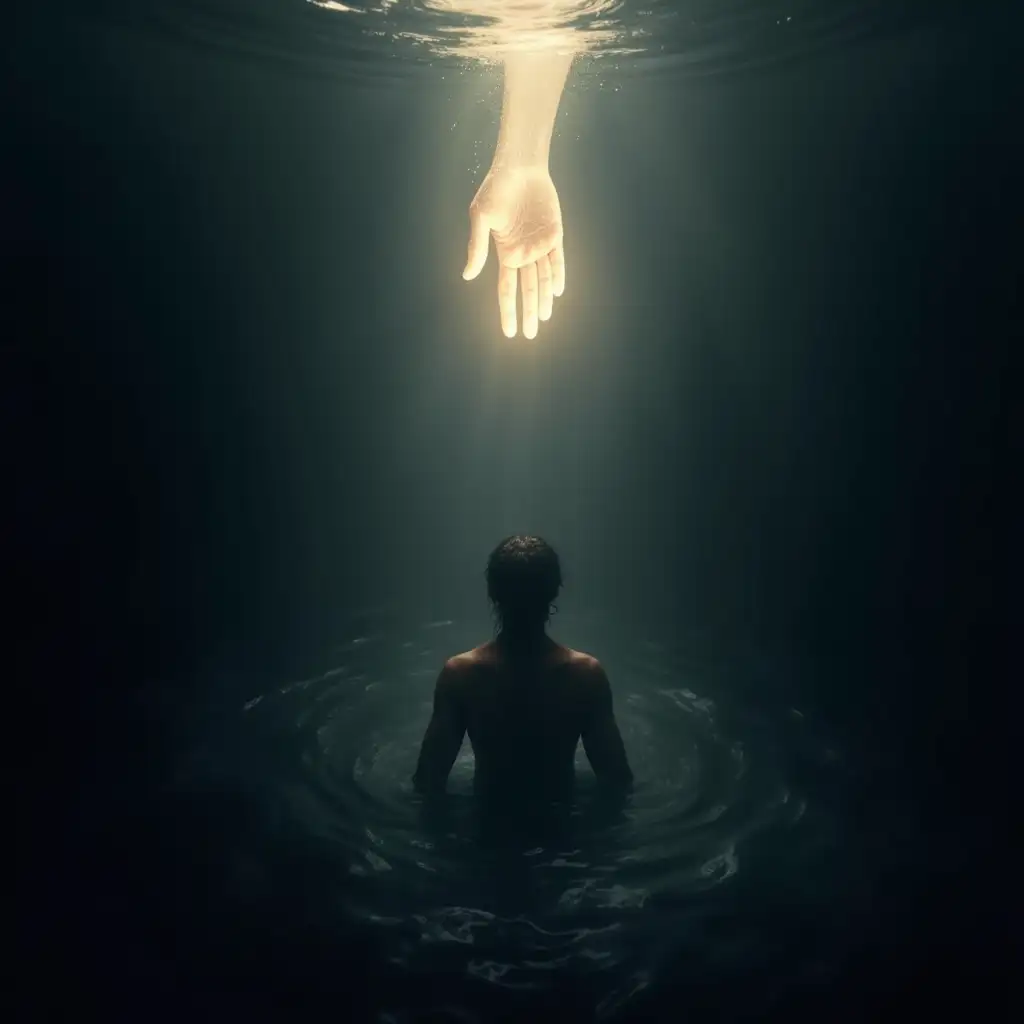 Create a powerful image of a person submerged in a dark, shadowy abyss, drowning in the depths of despair. The darkness is deep, almost suffocating, with swirling shadows around the figure, representing hopelessness. Above the figure, a radiant, ghostly hand emerges from the light, reaching down to pull them from the darkness. The hand is illuminated with divine, ethereal light, glowing with soft, warm tones, symbolizing God’s salvation and grace. The text 'He pulled me out of darkness, into His light' should be placed at the top and bottom of the image, written in elegant, flowing typography that glows with the same radiant light as the hand. The overall atmosphere should feel transformative, emphasizing the moment of rescue and the contrast between the overwhelming darkness and the divine light that offers salvation.