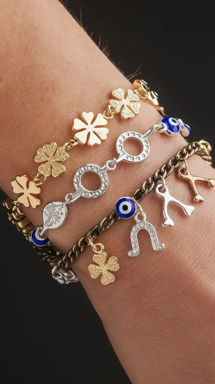 close-up shot, a mixed metal charm bracelet featuring lucky symbol charms: gold four-leaf clovers, silver horseshoes, blue evil eye charms, and bronze wishbones, bright studio lighting, lucky charm jewelry --ar 16:9 --zoom 1.5