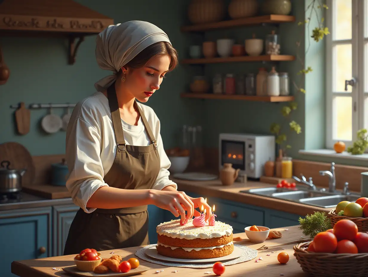 ultradetailed hyperrealistic portrait a woman with short hair with headscarf baking a birthday cake in the beautiful kitchen with intricately detailed, colorful