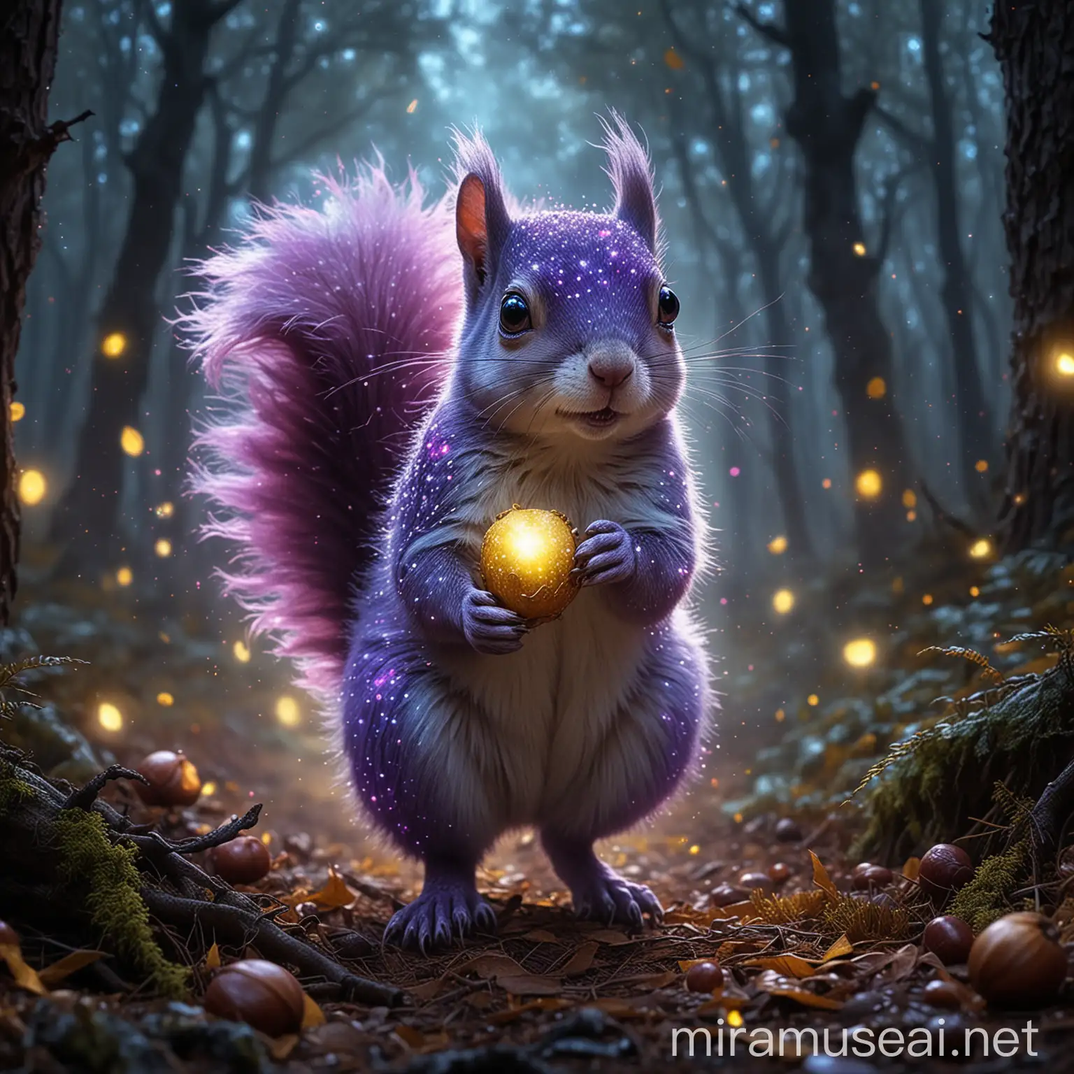 Sparkling Purple Squirrel with Magic Chestnuts in Dark Forest