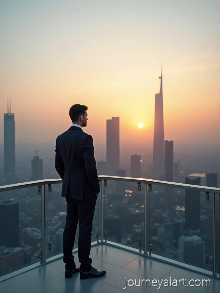Businessman-Overlooking-Futuristic-City-Skyline-at-Sunrise-from-Modern-RooAI-Image-Prompt-Expansionftop-Terrace