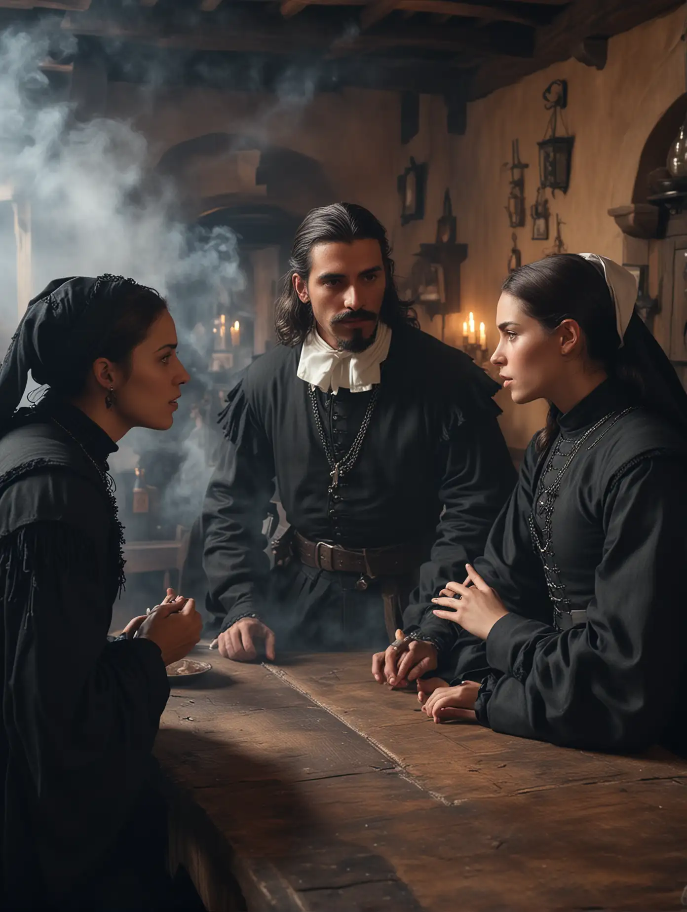 An epic 17th century scene featuring a male Spanish brigand dressed in black in conversation with two young and beautiful nuns in a Spanish tavern; misty atmosphere, air filled with smoke in the background, side cinematic view, high-detailed, photo realistic picture