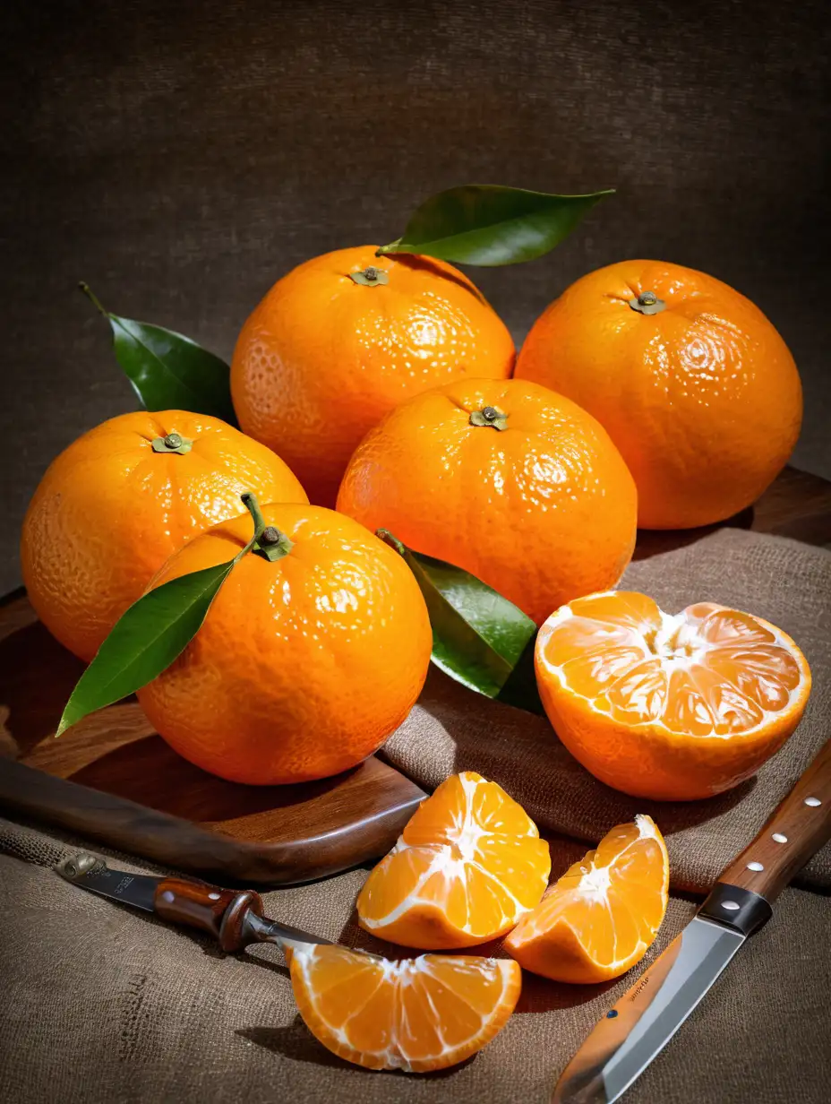 Realistic Still Life of Tangerines with Cloth and Cutting Knife