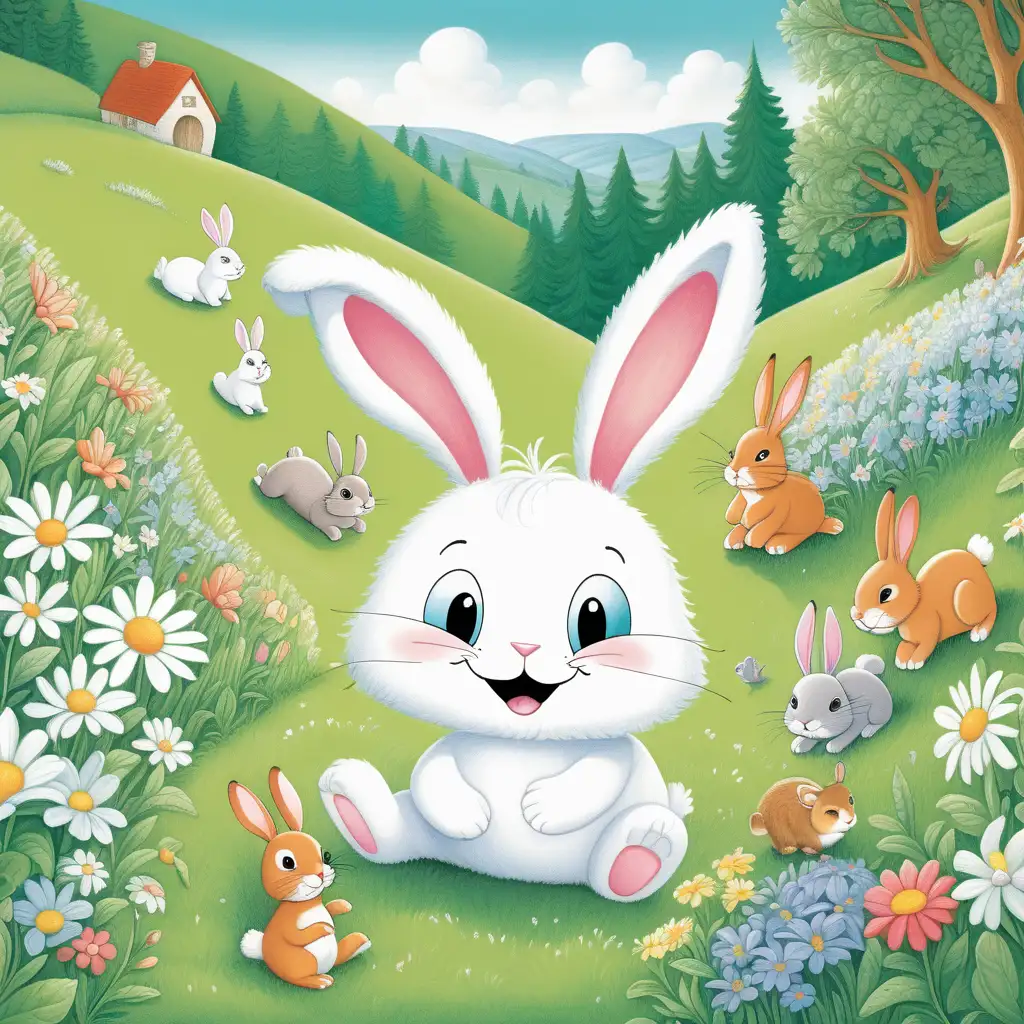 Happy Bunny Rolling Down Green Hill with Smiling Animals and Flowers