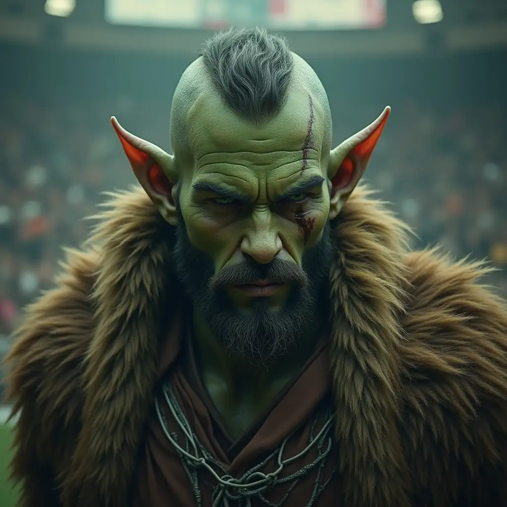 a man with green skin, a scar through one eye, pointed ears and small fangs in fur clothing in the arena at full height, hyperdetailed