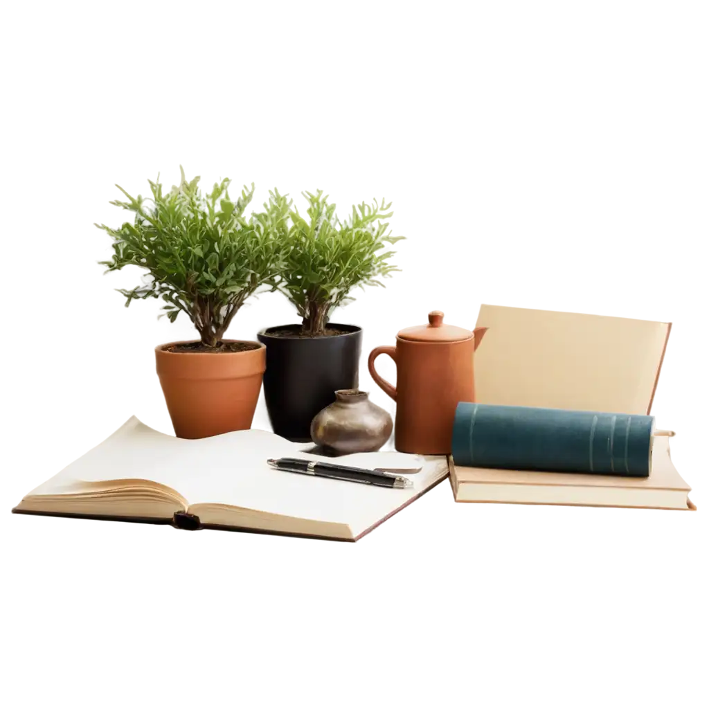 A work desk softly illuminated by morning light reveals a silvery notebook half-open, a leather-bound notebook with hand-filled pages and old books carefully arranged. Next to it, an exuberant plant in a clay pot adds freshness to the environment. A steaming teacup rests beside it, emitting soft smoke that mixes with the diffused light. Through the half-open window, a quiet garden complements the serenity of the scene, where birds occasionally perch on tree branches.