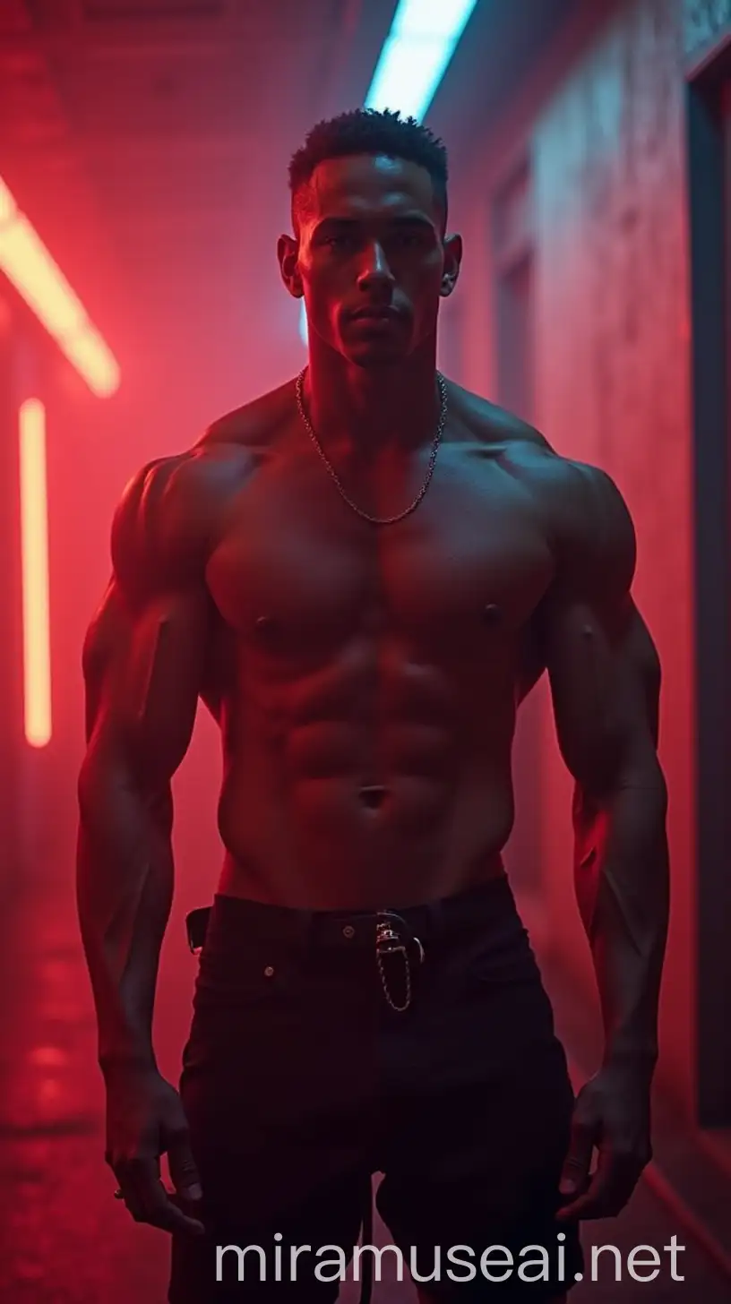 Confident Gym Boy Flexing Muscles in Cyberpunk Neon City