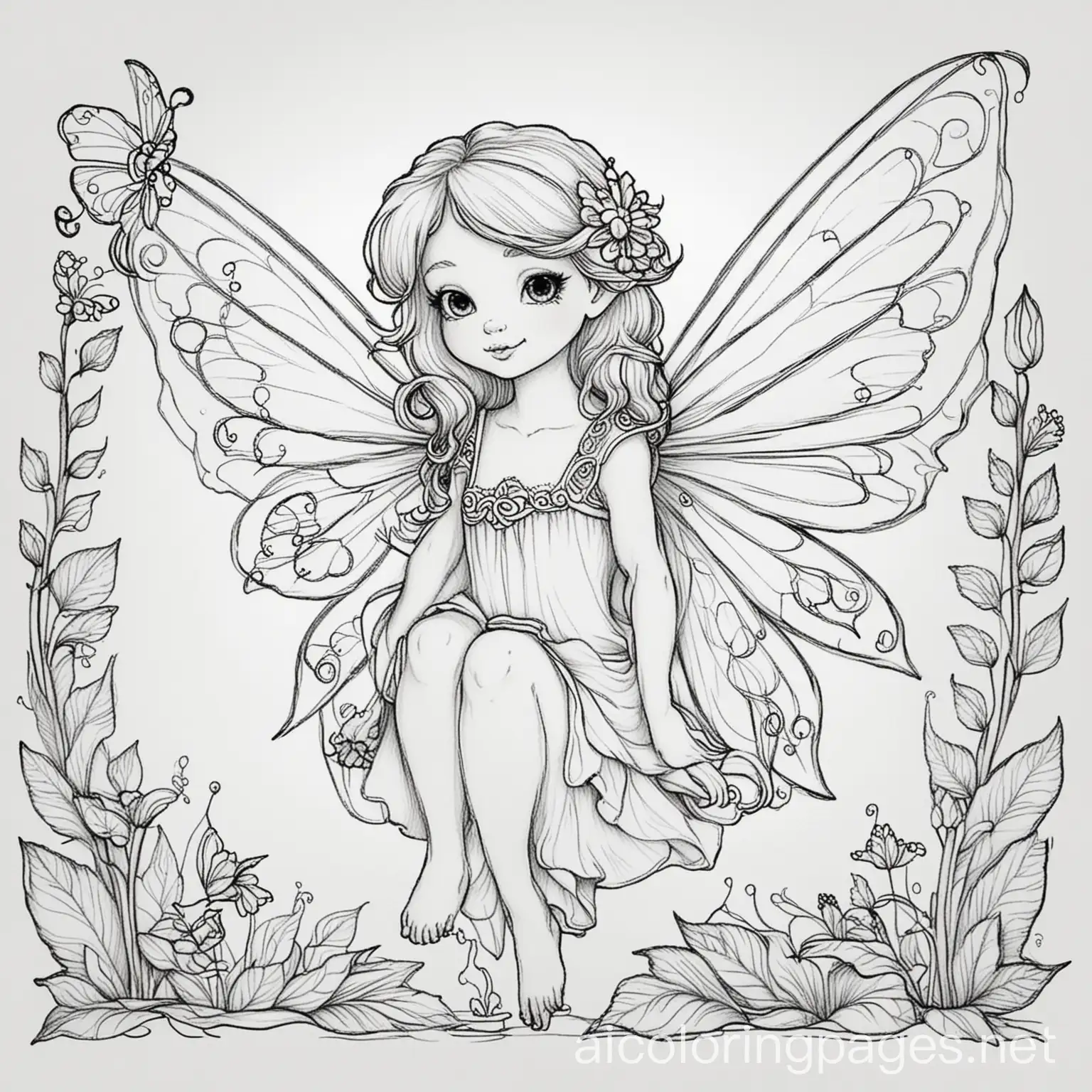Fairy, Coloring Page, black and white, line art, white background, Simplicity, Ample White Space. The background of the coloring page is plain white to make it easy for young children to color within the lines. The outlines of all the subjects are easy to distinguish, making it simple for kids to color without too much difficulty