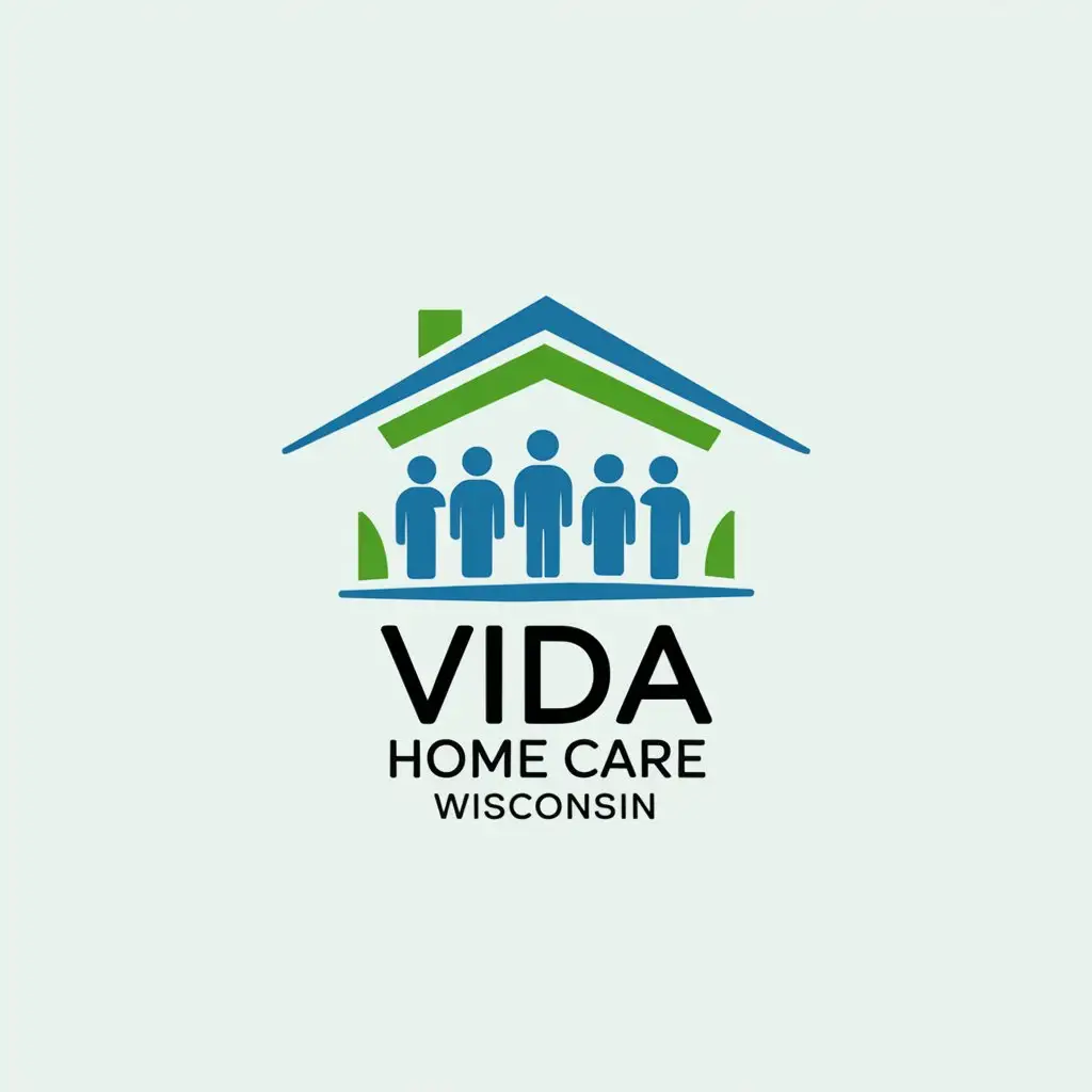 LOGO Design for Vida Home Care Wisconsin Green and Blue Minimalistic Design with Home and People Symbolism