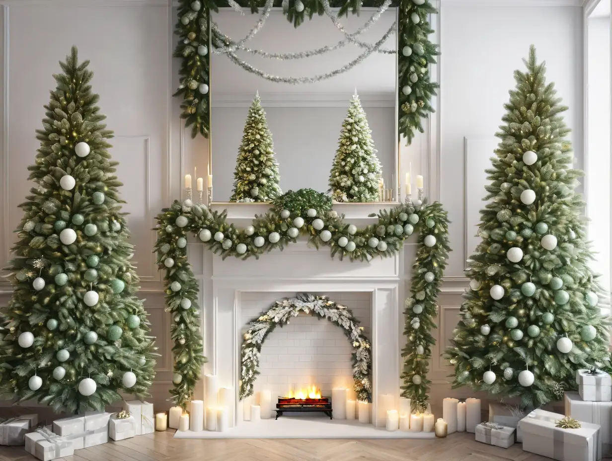 Christmas Decorated Off White Room with Fireplace and Snowy Green Trees