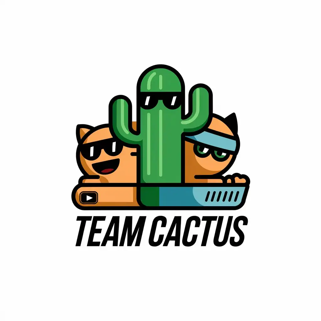 a vector logo design,with the text "Team Cactus", main symbol:youtube , 1 person is a cactus 1 person is a cat 1 person is a dj,complex,be used in Entertainment industry,clear background