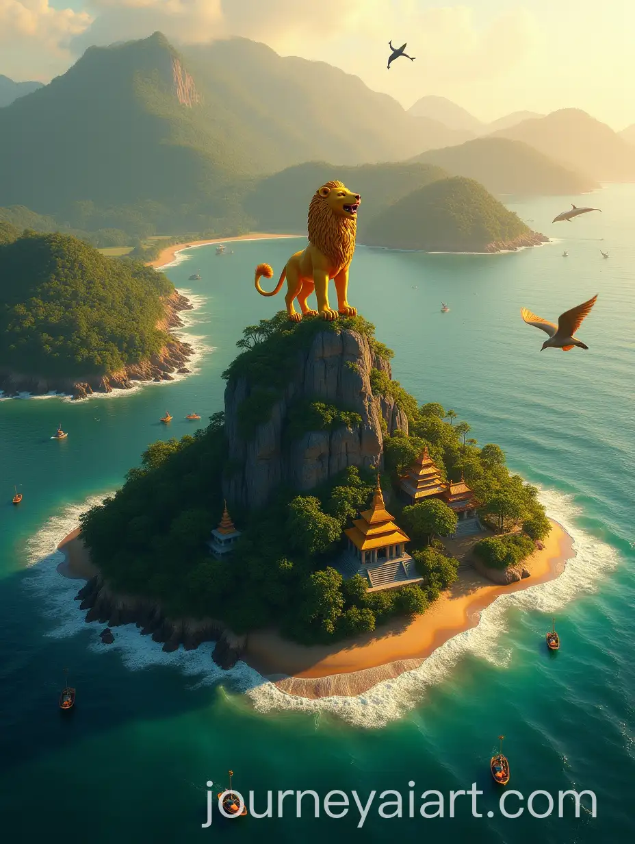 Cinematic-Aerial-View-of-Sri-Lanka-with-Iconic-Landmarks-and-Golden-Lion-on-Sigiriya-Rock