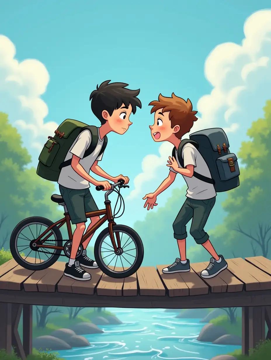 The animation shows a collision of two boys on an old wooden bridge over the river. The bridge is narrow and creaks under their feet. Kolya holds a bicycle frame. Tolya carries a heavy backpack. Both refuse to give way, standing in the middle of the bridge. In the background, you can see a river with waves. Color palette: blue sky and water, brown bridge, gray and white clothes of the boys.