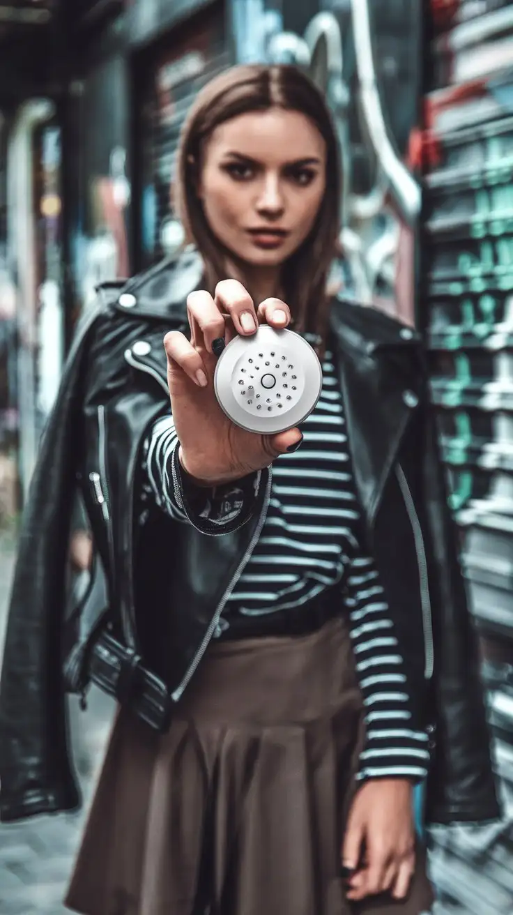 Fashionable Woman Holding SelfDefense Alarm