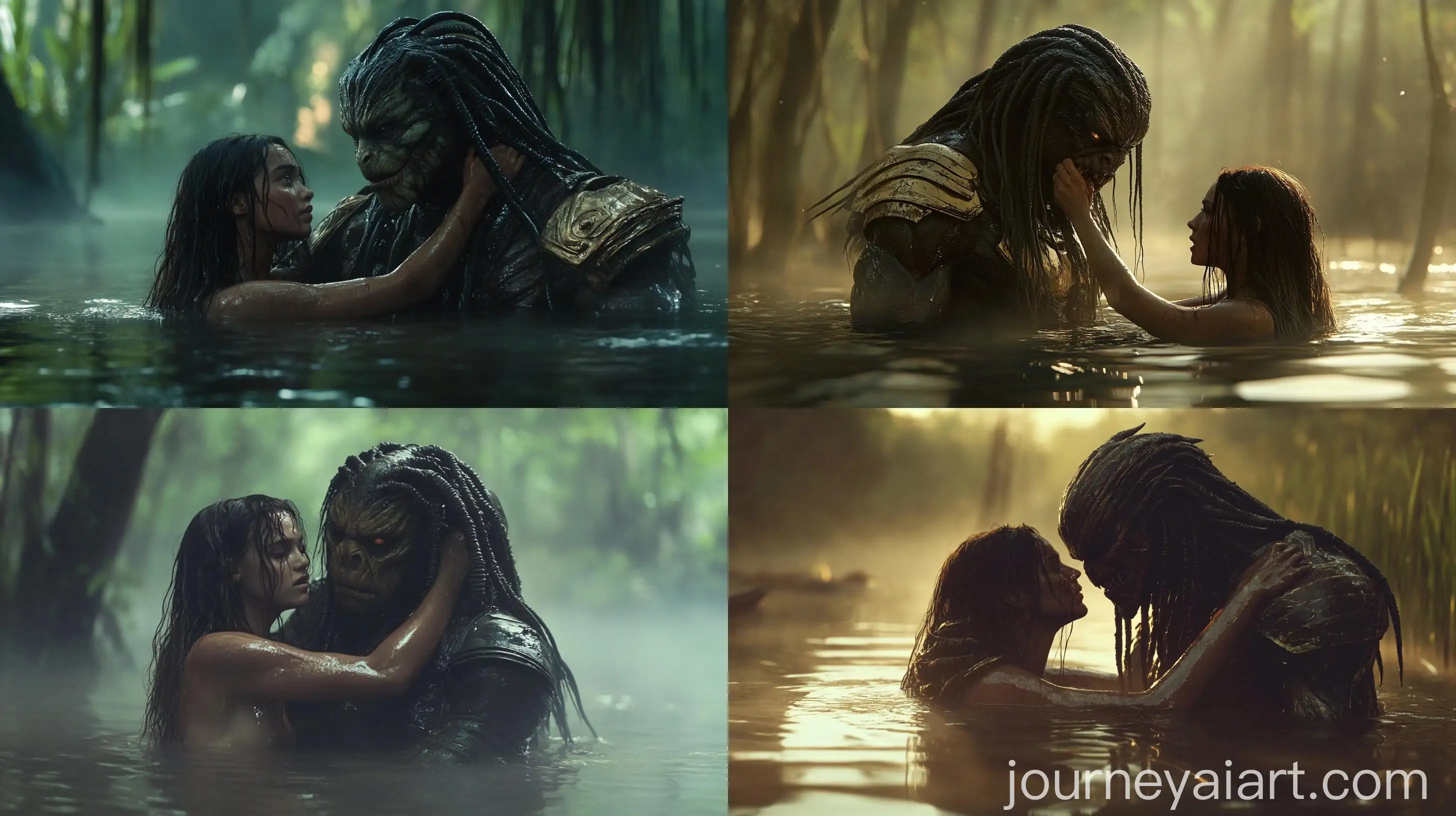 Terrifying-Alien-Predator-Capturing-Distressed-Woman-in-Swamp-at-Dawn-or-Dusk