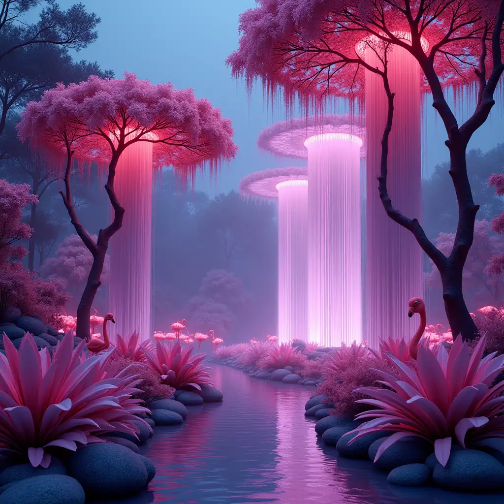 photorealistic flora of various amethyst shades - plants with bioluminescent branches resembling tall fountains, translucent tall glass grass shimmering with plasma glow. Interspersed flamingo birds. Curved trees soar upwards, topped with neon-red leaves, like eerie chandeliers against the alien wind uim-filter, uhd, hdr, mono, print in 4k format