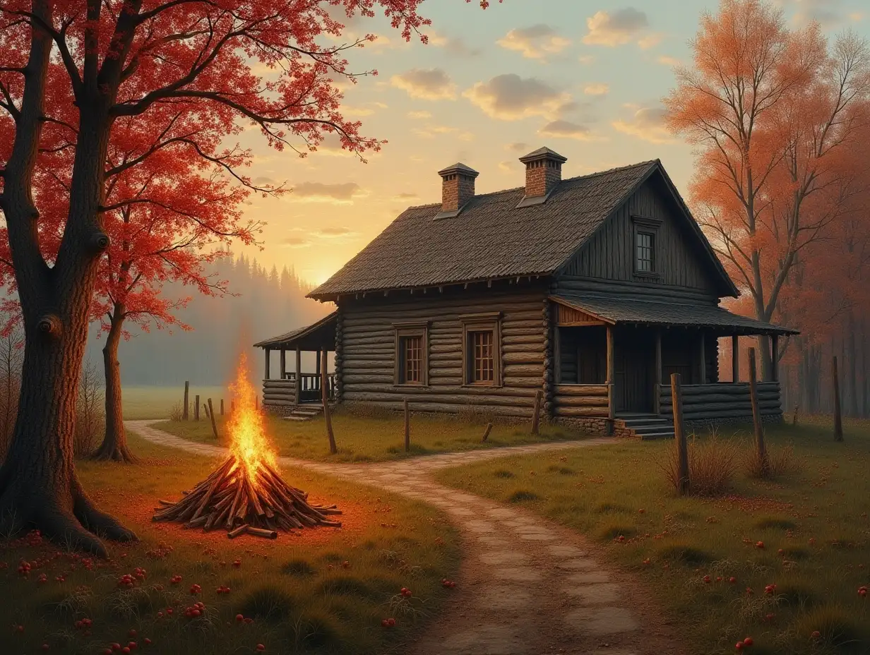 A Russian village landscape, a traditional wooden house in the background with a burning bonfire and red rowan berries, realistic painting in the style of Ivan Shishkin and Isaac Levitan, soft lighting in the 'golden hour', intricate details of nature and architecture, (general view), 4k resolution