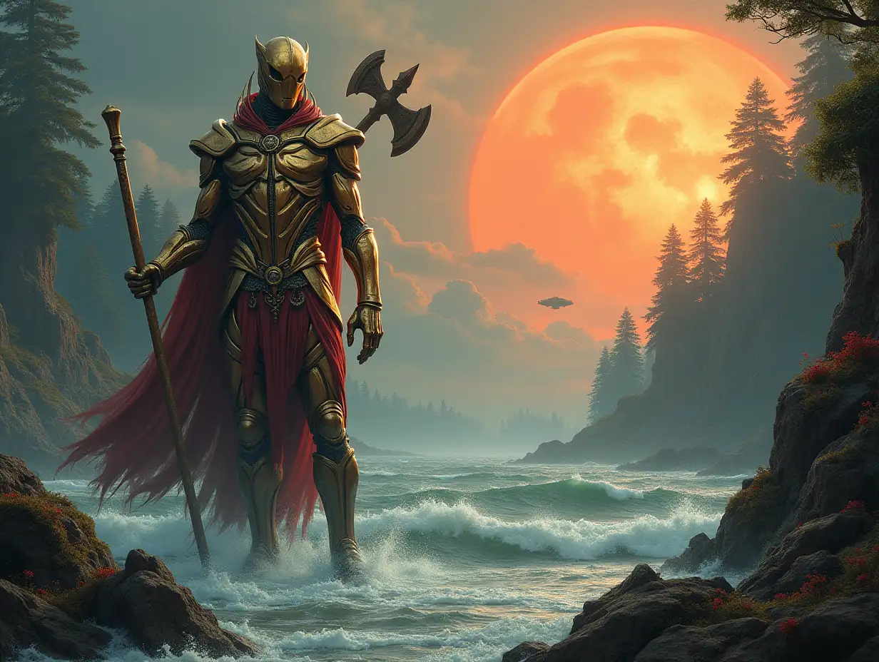 Hyperrealistic portrait of a 15 meter tall metal alien king, gold and red with an ax in the sea with waves on a rock with plants, on a detailed, colorful forested planet with sun and UFO background