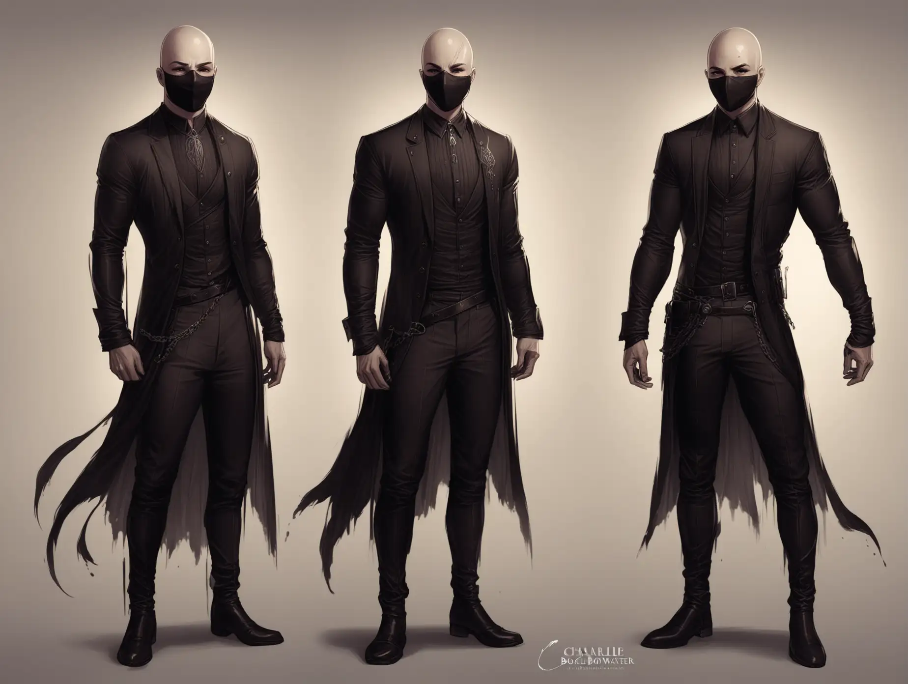 criminal man, Charlie Bowater, Fantasy, mask on face, rogue clothing, bald, full length