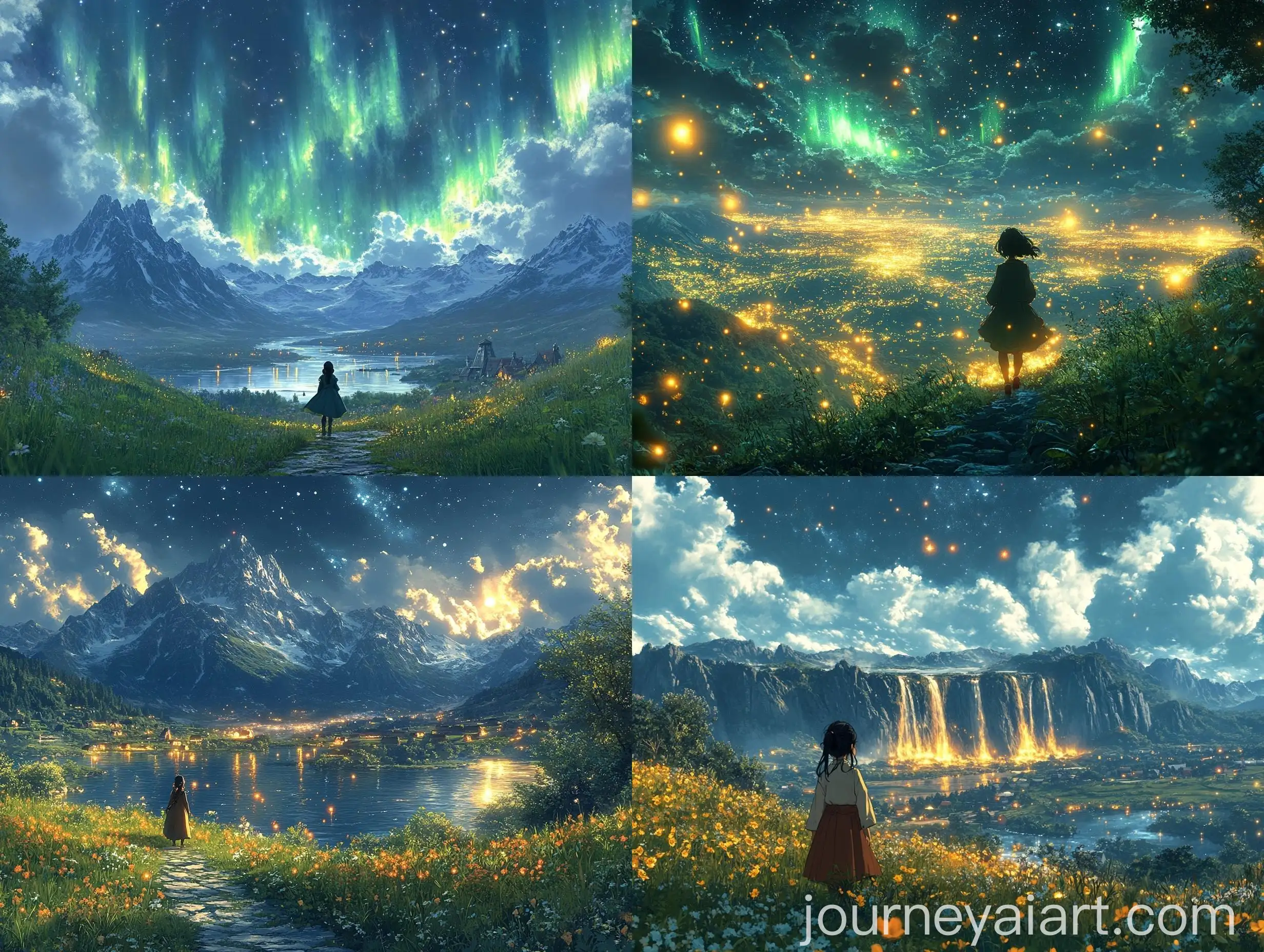 Studio-Ghibli-Style-Night-Landscape-with-Waterfalls-and-Northern-Lights